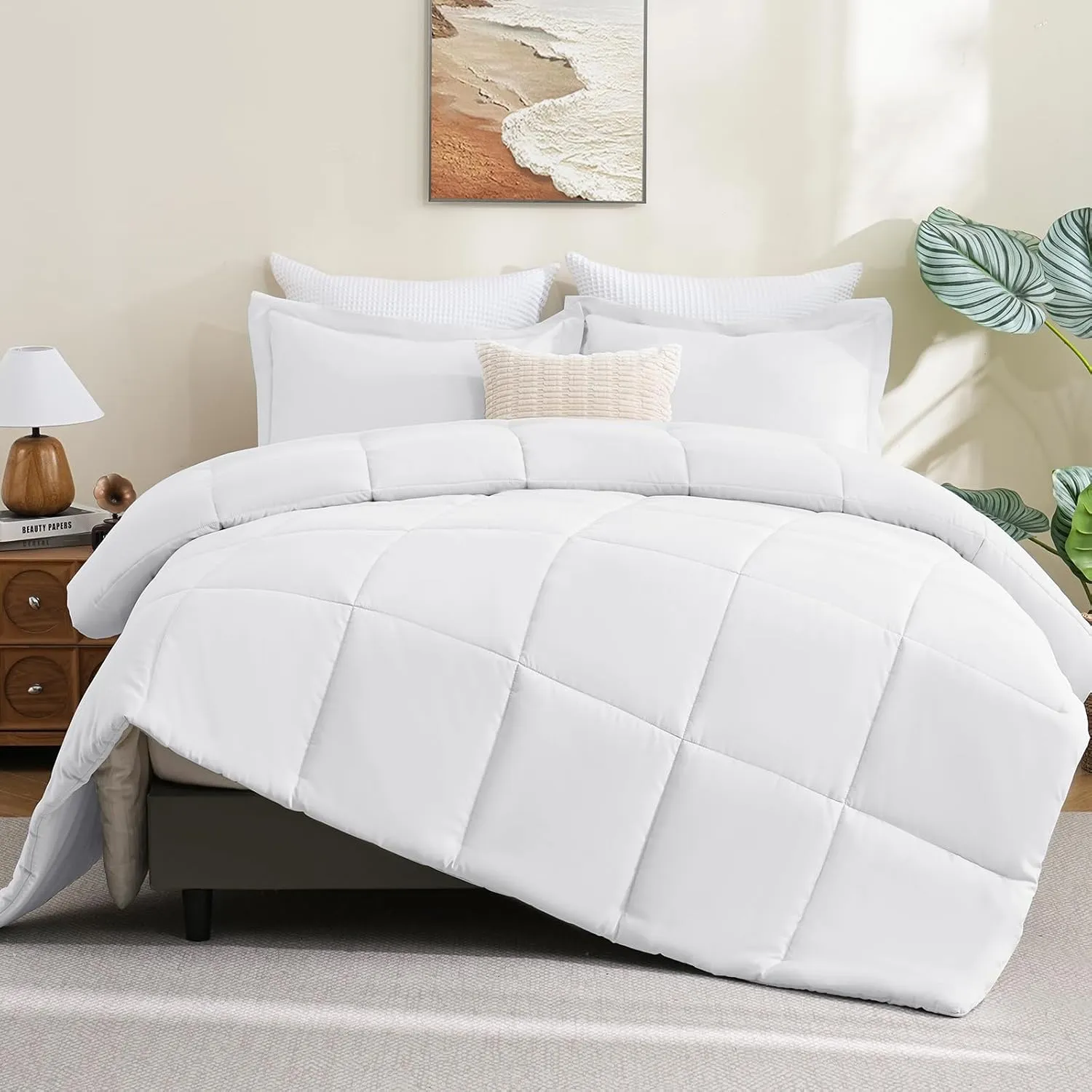 CozyLux Queen Size Comforter Sets White - 3 Pieces Box Stitched Queen Bed Set for All Seasons, Soft Lightweight Bedding Sets with 1 Down Alternative Comforter and 2 Pillow Shams