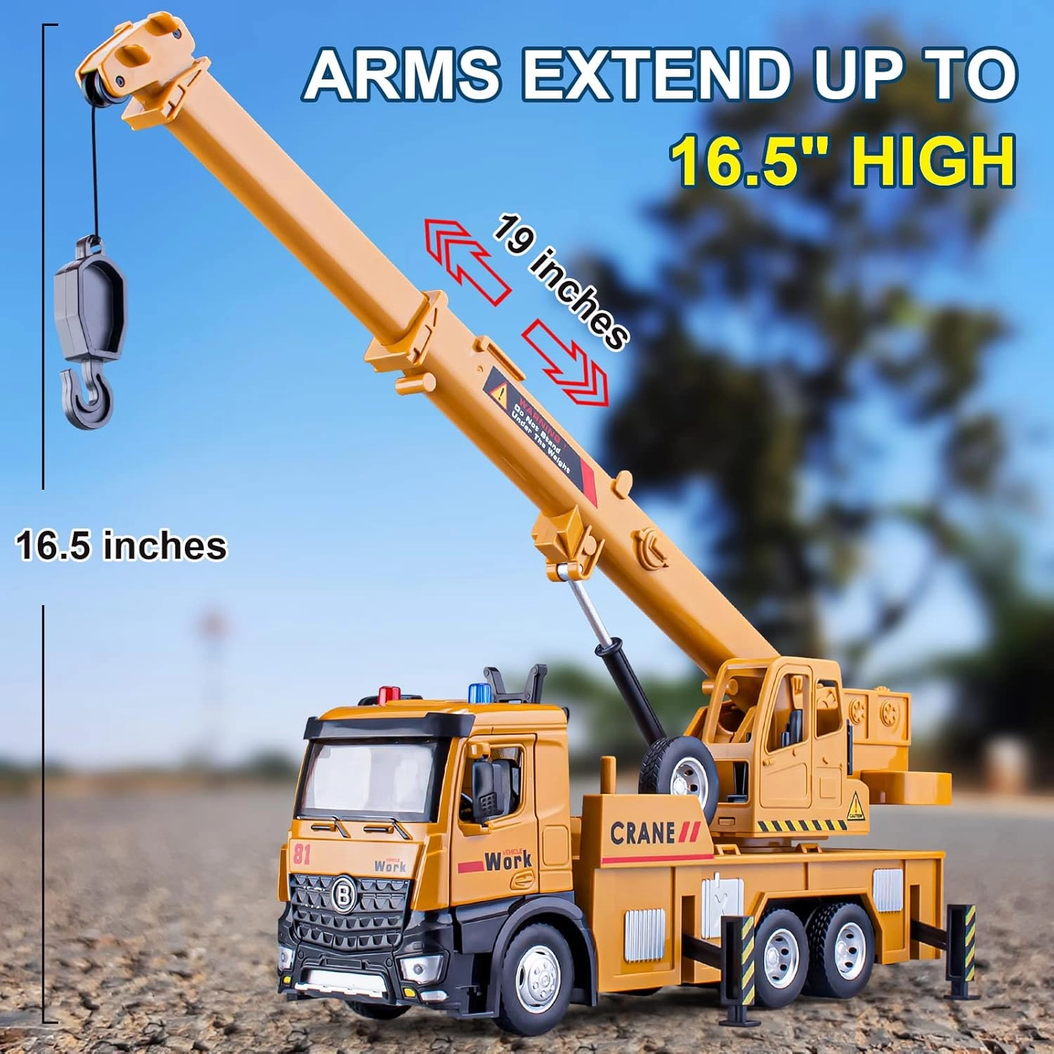 Crane Truck Toy Metal Cab, Friction Powered Crane Machine Tow Truck with Lights and Sounds, Construction Equipment for Kids Boys Girls, 13.5"