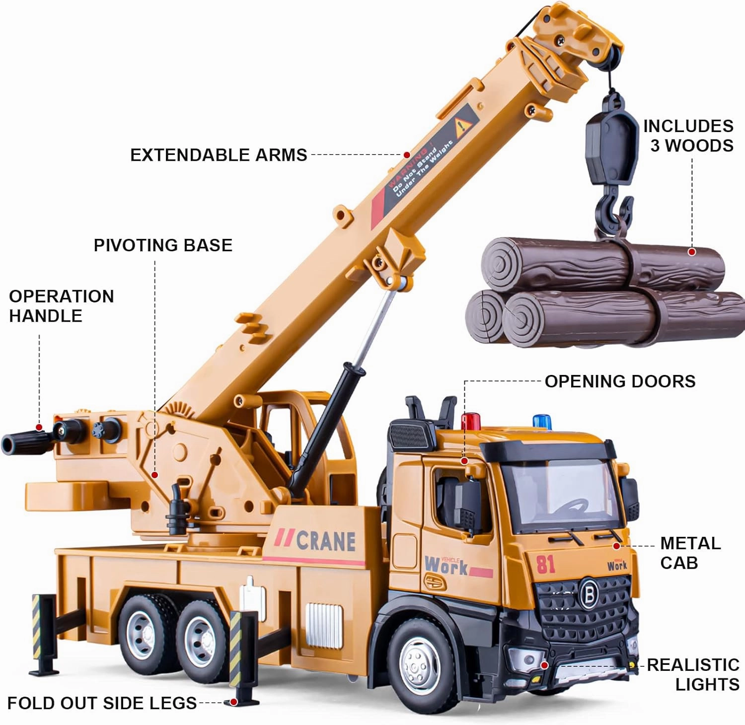 Crane Truck Toy Metal Cab, Friction Powered Crane Machine Tow Truck with Lights and Sounds, Construction Equipment for Kids Boys Girls, 13.5"