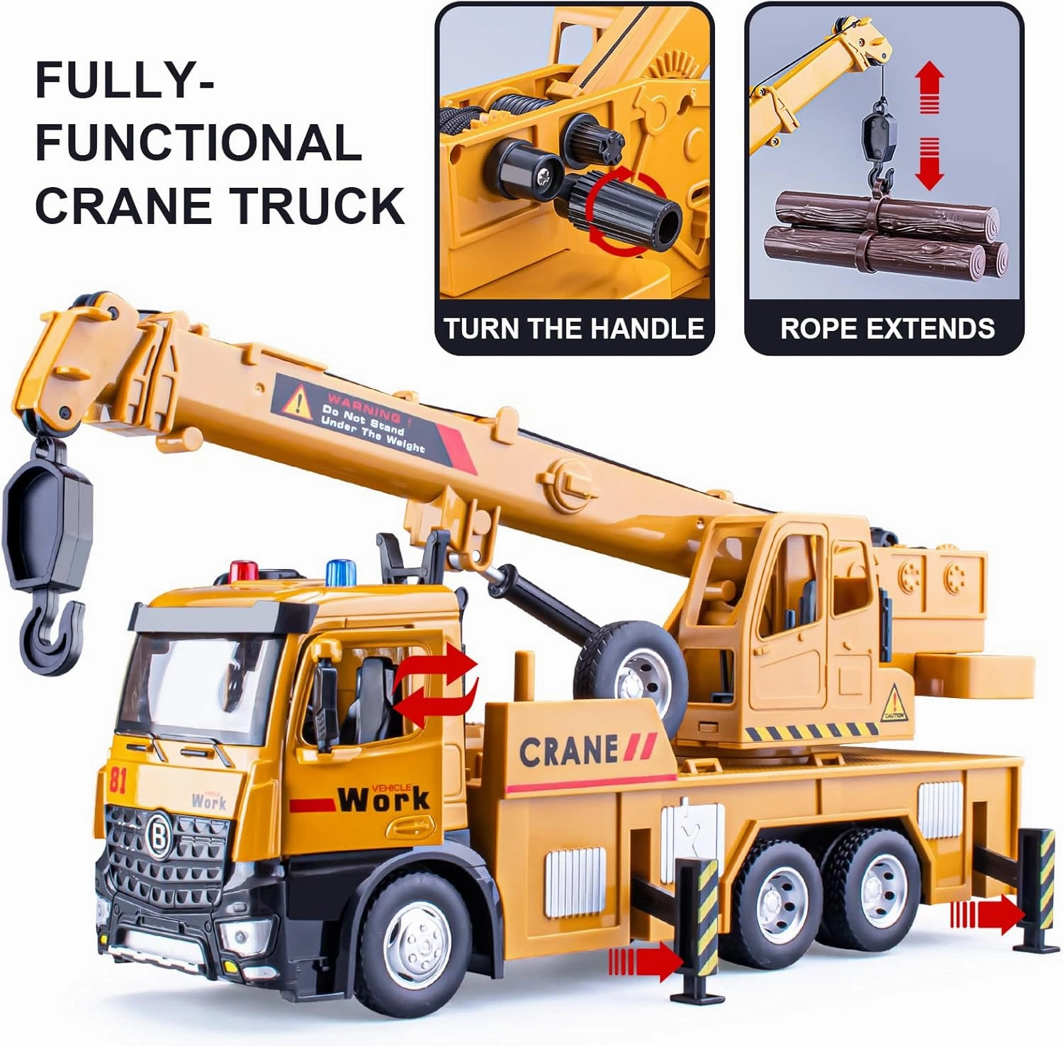 Crane Truck Toy Metal Cab, Friction Powered Crane Machine Tow Truck with Lights and Sounds, Construction Equipment for Kids Boys Girls, 13.5"