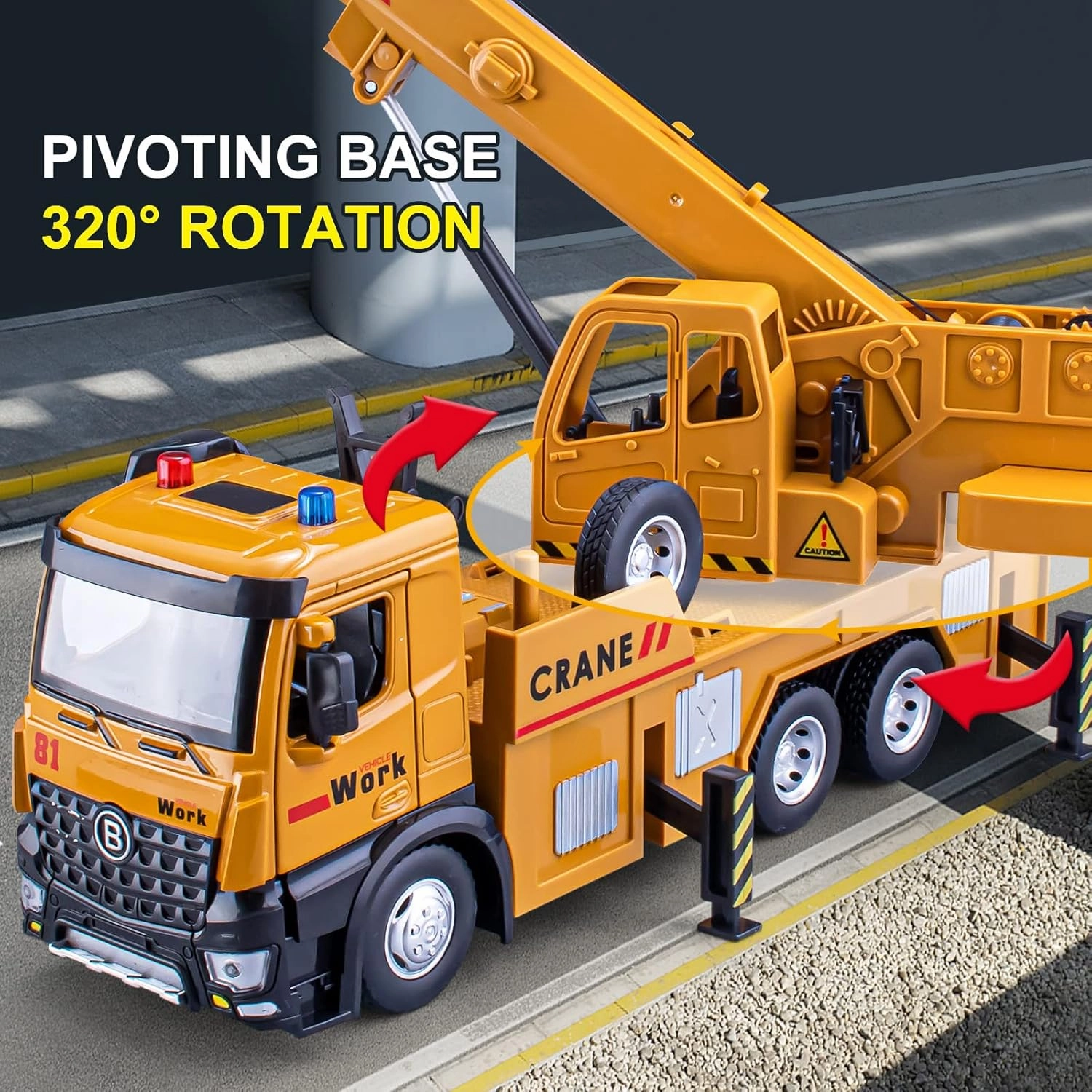 Crane Truck Toy Metal Cab, Friction Powered Crane Machine Tow Truck with Lights and Sounds, Construction Equipment for Kids Boys Girls, 13.5"