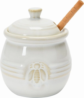Creative Co-Op Farmhouse Embossed Stoneware Honey Pot with Wood Honey Dipper, White