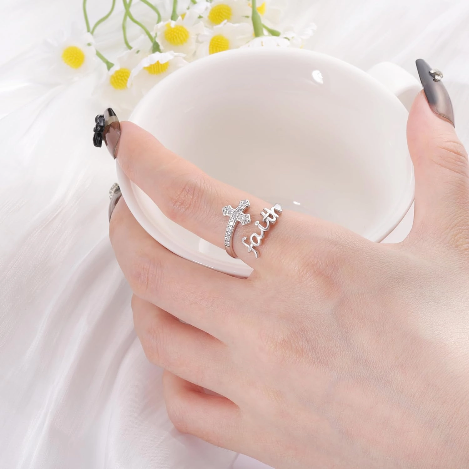 Cross Ring for Women - 925 Sterling Silver Inspiration Christian Faith Jewelry Sacred Purity Cross Ring With Religious Adjustable