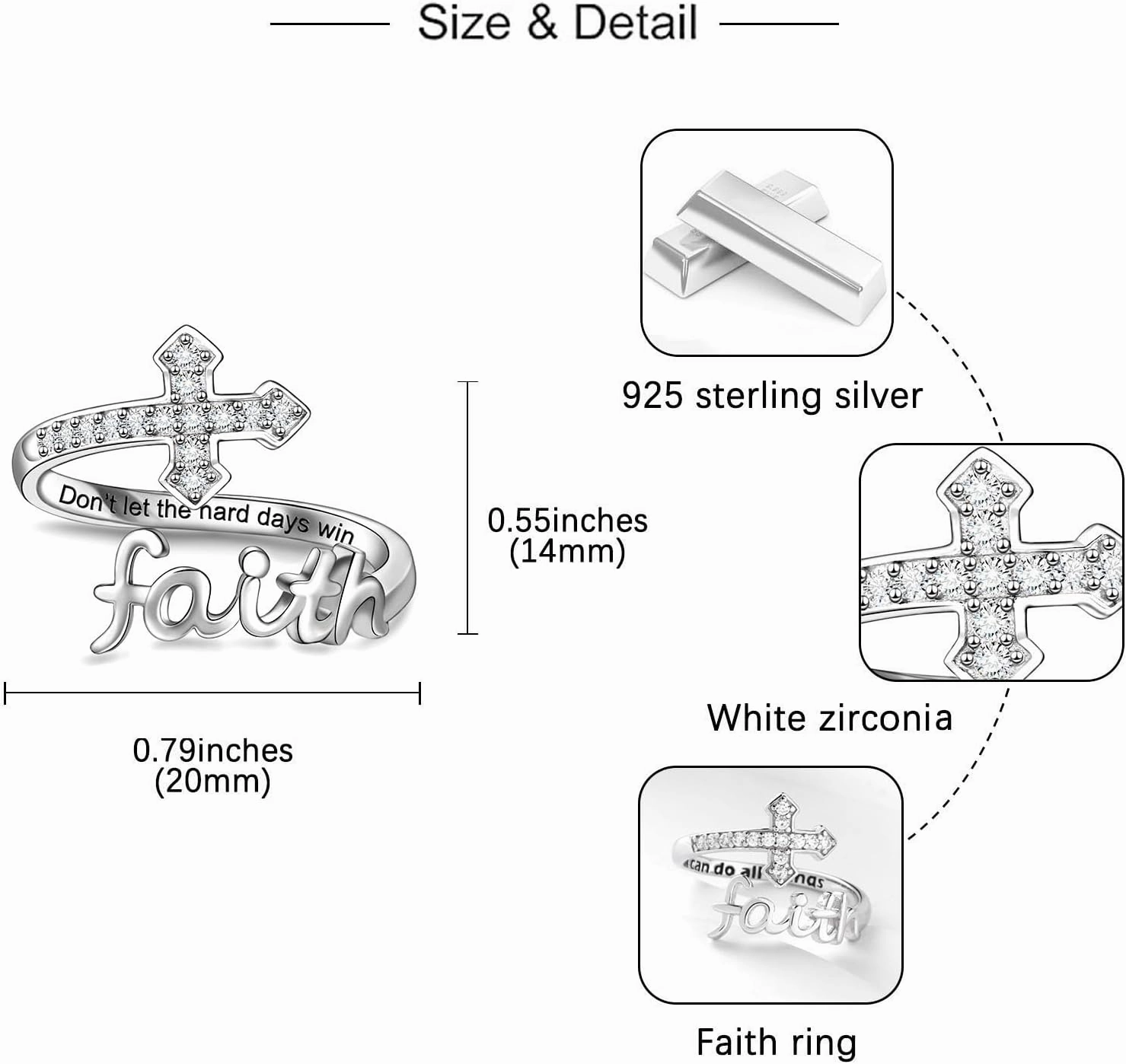 Cross Ring for Women - 925 Sterling Silver Inspiration Christian Faith Jewelry Sacred Purity Cross Ring With Religious Adjustable