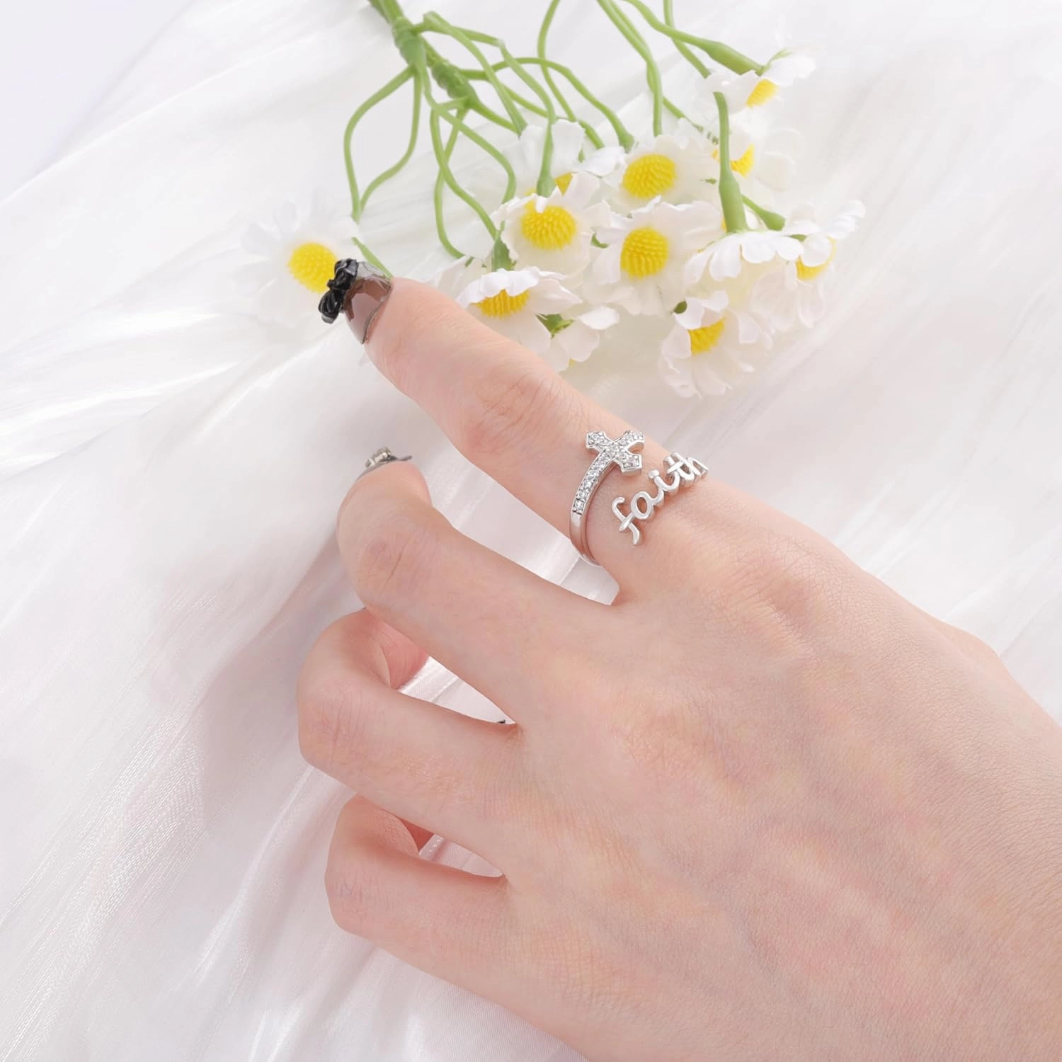 Cross Ring for Women - 925 Sterling Silver Inspiration Christian Faith Jewelry Sacred Purity Cross Ring With Religious Adjustable