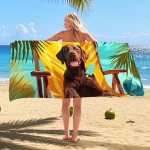 Cute Cartoon Chocolate Labrador Beach Towel Brown Dog Character Microfiber Quick Dry Sand Free Lightweight Travel Blanket, Pool Picnic Essentials 62x31 Inch