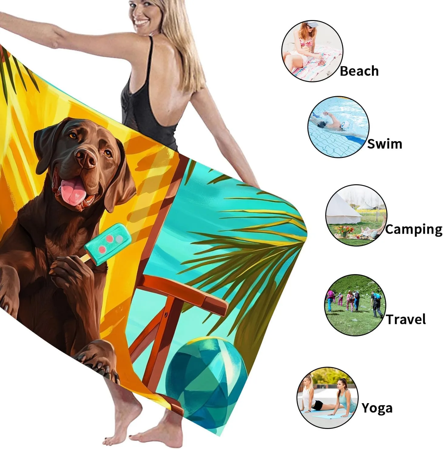 Cute Cartoon Chocolate Labrador Beach Towel Brown Dog Character Microfiber Quick Dry Sand Free Lightweight Travel Blanket, Pool Picnic Essentials 62x31 Inch
