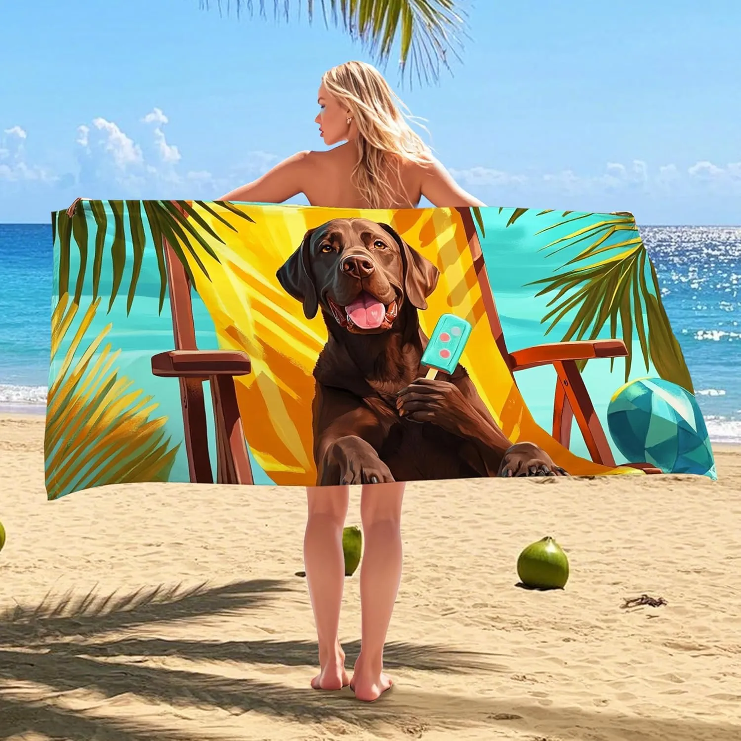Cute Cartoon Chocolate Labrador Beach Towel Brown Dog Character Microfiber Quick Dry Sand Free Lightweight Travel Blanket, Pool Picnic Essentials 62x31 Inch