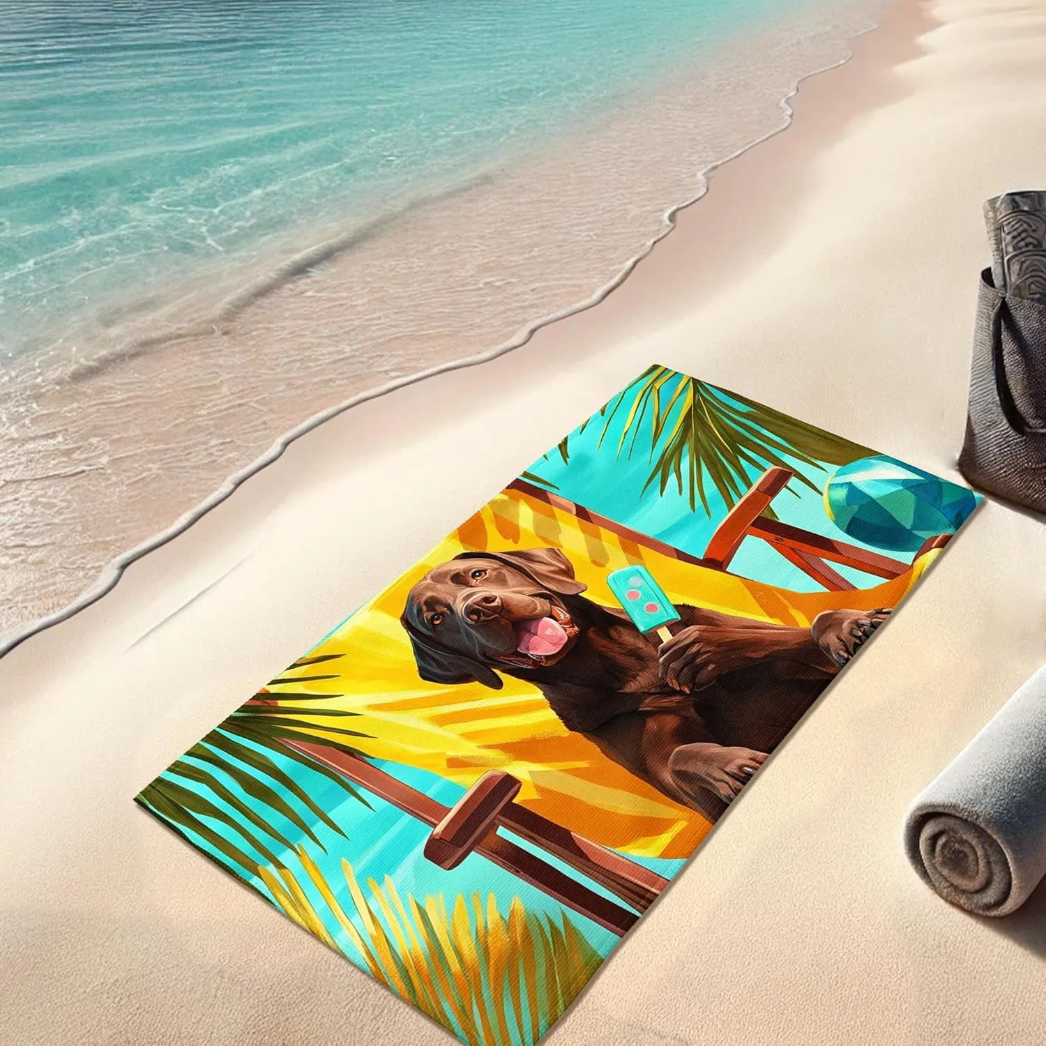 Cute Cartoon Chocolate Labrador Beach Towel Brown Dog Character Microfiber Quick Dry Sand Free Lightweight Travel Blanket, Pool Picnic Essentials 62x31 Inch