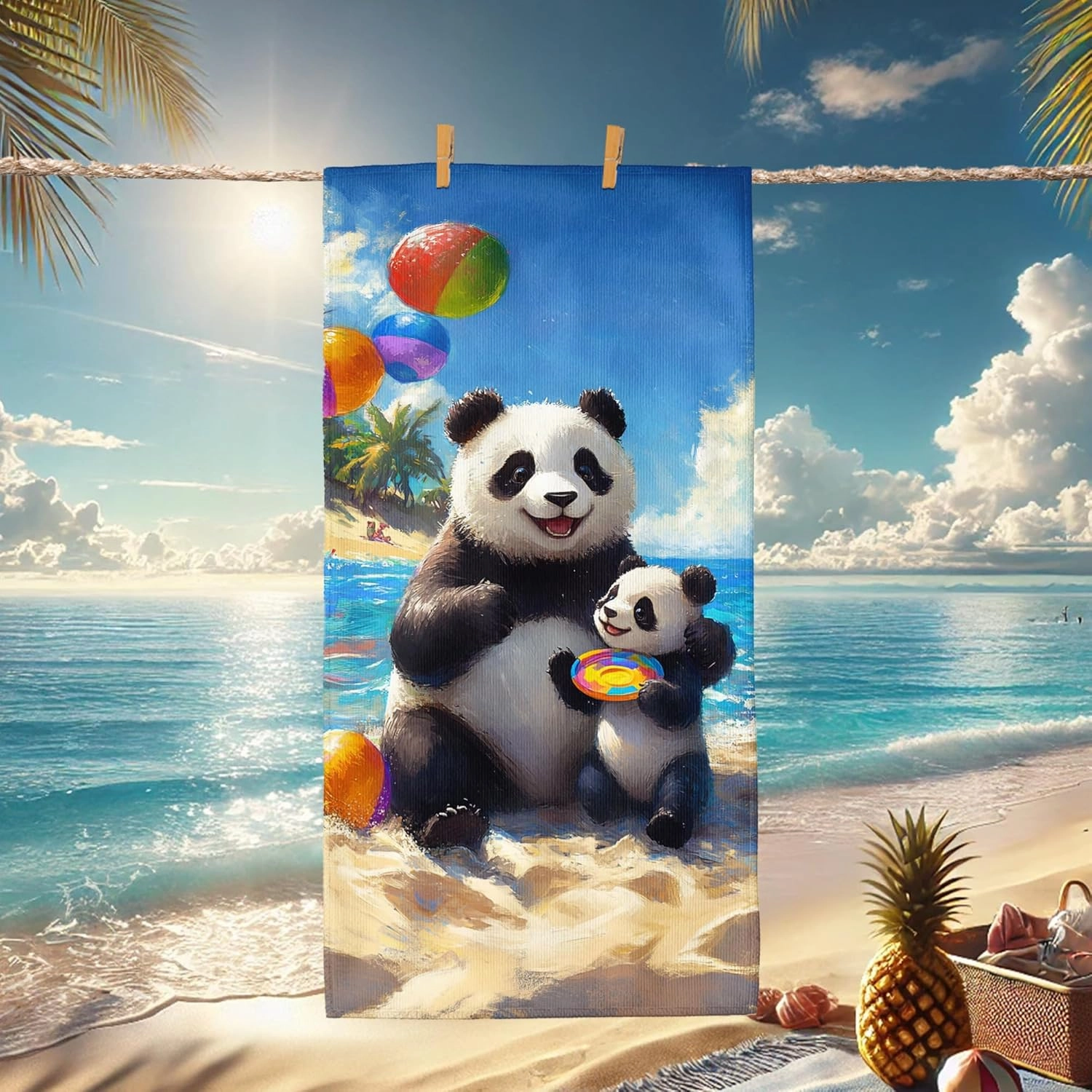 Cute Panda Microfiber Beach Towel Extra Large Tropical Design Quick Dry Soft Absorbent Sand Free Lightweight Beach Blanket, Summer Vacation Picnic Pool Gym Essentials 70x35 Inch