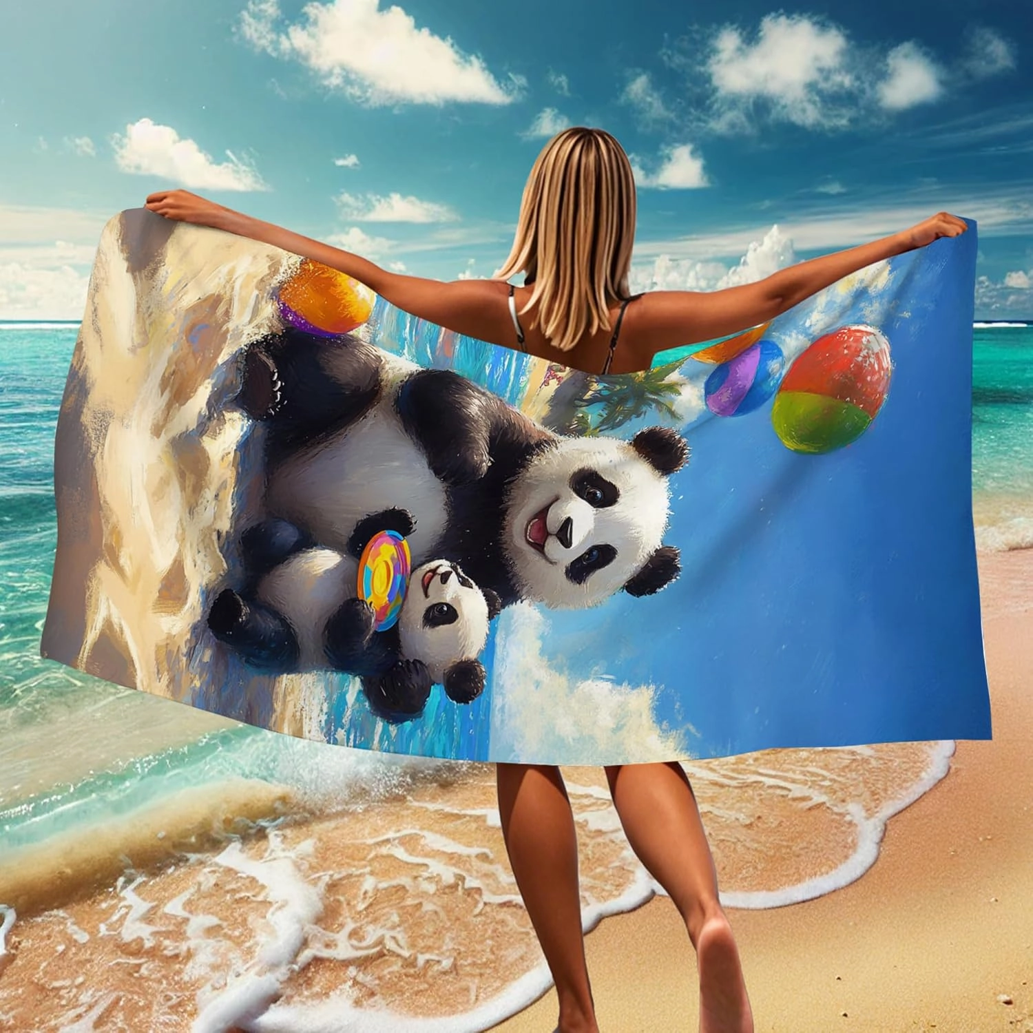 Cute Panda Microfiber Beach Towel Extra Large Tropical Design Quick Dry Soft Absorbent Sand Free Lightweight Beach Blanket, Summer Vacation Picnic Pool Gym Essentials 70x35 Inch
