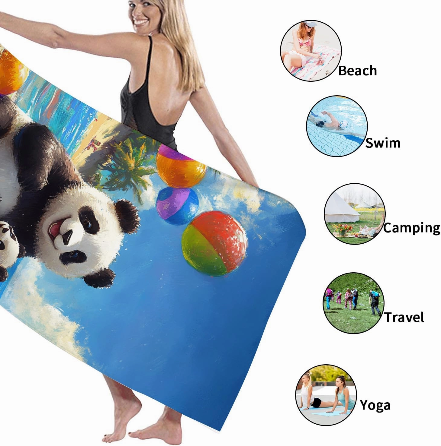 Cute Panda Microfiber Beach Towel Extra Large Tropical Design Quick Dry Soft Absorbent Sand Free Lightweight Beach Blanket, Summer Vacation Picnic Pool Gym Essentials 70x35 Inch