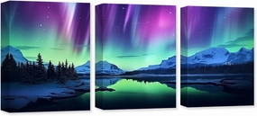CXHOSTENT 3 Panels Northern Lights Canvas Wall Art Colorful Aurora Borealis Snow Mountain Lake Pictures Print Large Living Room Decor Frame (Aurora Borealis - 2, 11x14inchx3Pcs)