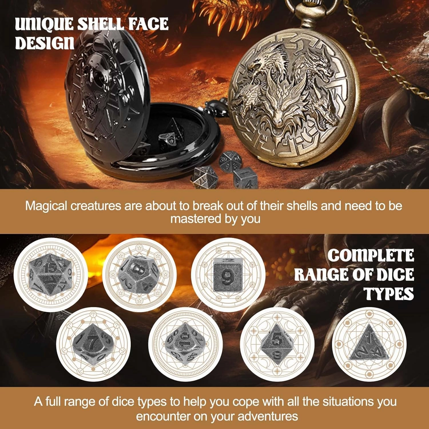 D&D Dice Set,7PCS Metal Dice for Dungeons and Dragons,Mini Dice Set with Pocket Watch Case,Role Playing Board Games Accessories (Dragon, Black)