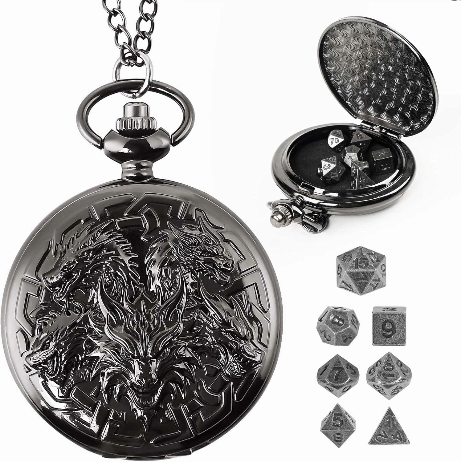 D&D Dice Set,7PCS Metal Dice for Dungeons and Dragons,Mini Dice Set with Pocket Watch Case,Role Playing Board Games Accessories (Dragon, Black)