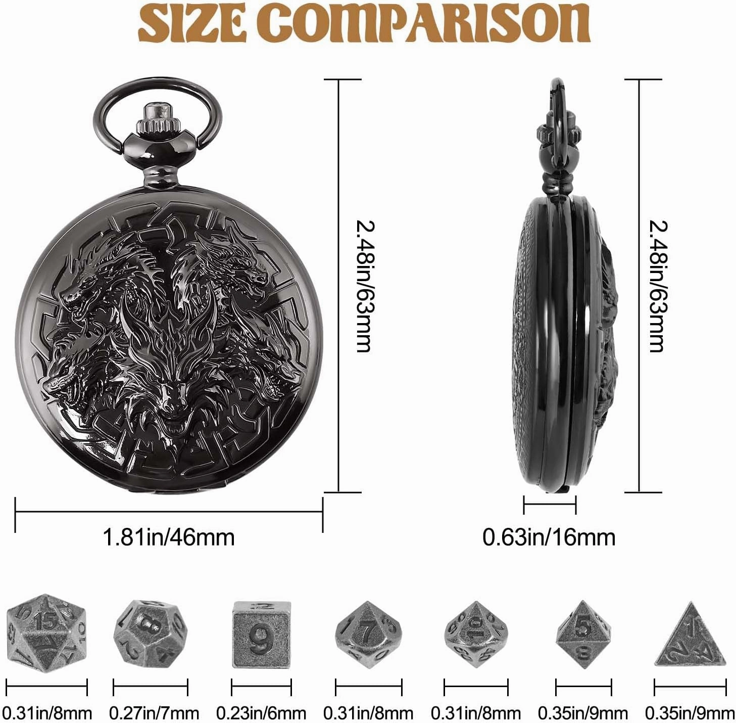 D&D Dice Set,7PCS Metal Dice for Dungeons and Dragons,Mini Dice Set with Pocket Watch Case,Role Playing Board Games Accessories (Dragon, Black)