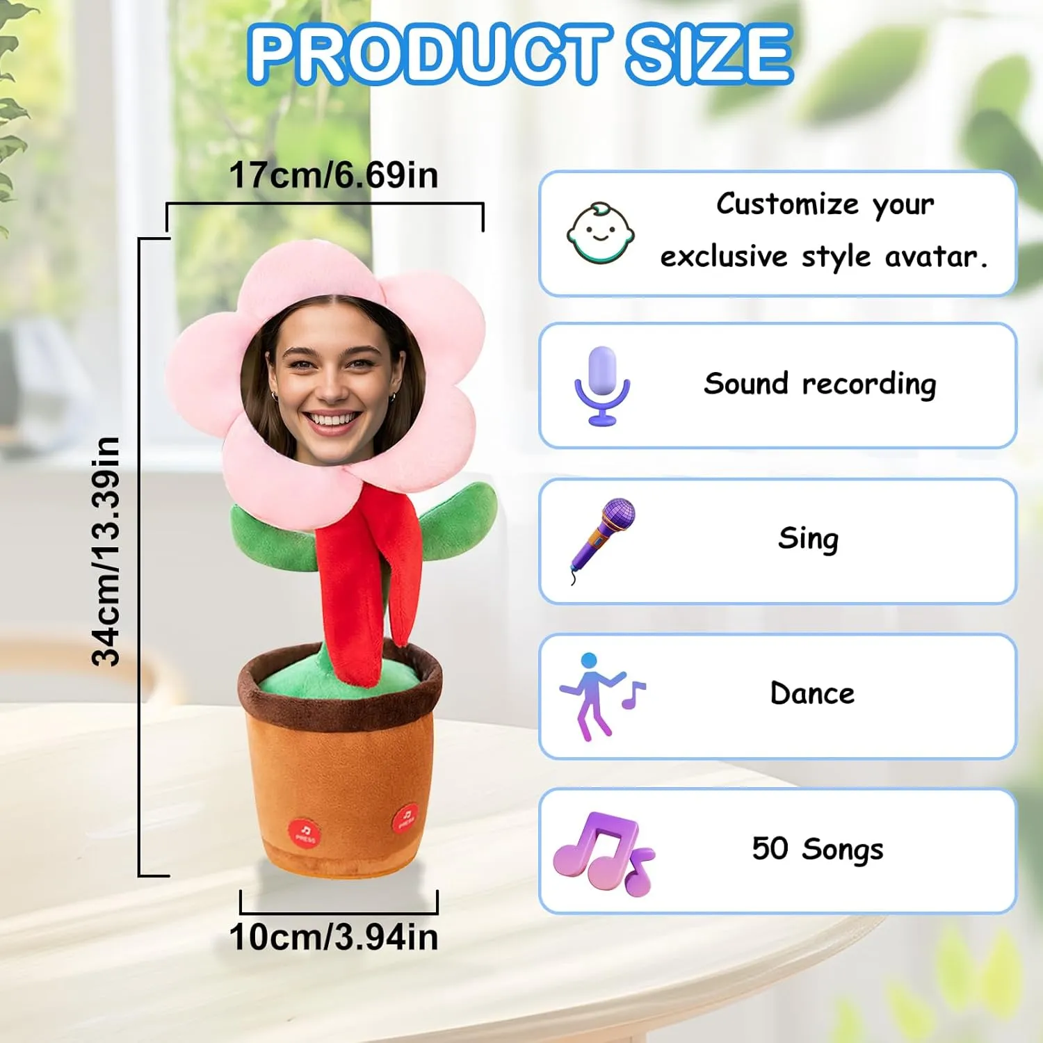 Dancing Flower with Custom Face,Custom Dancing Talking Sunflower Toy,Repeats What You Say,Personalized Funny Gifts (Blue(Bluetooth))