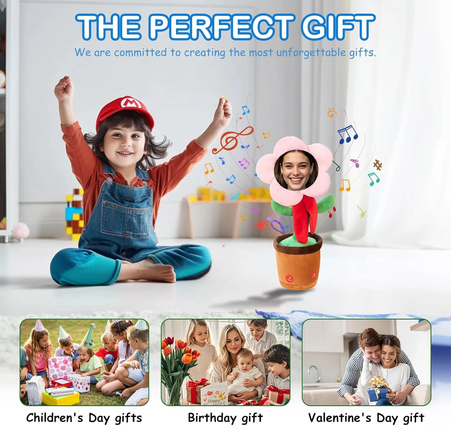 Dancing Flower with Custom Face,Custom Dancing Talking Sunflower Toy,Repeats What You Say,Personalized Funny Gifts (Blue(Bluetooth))