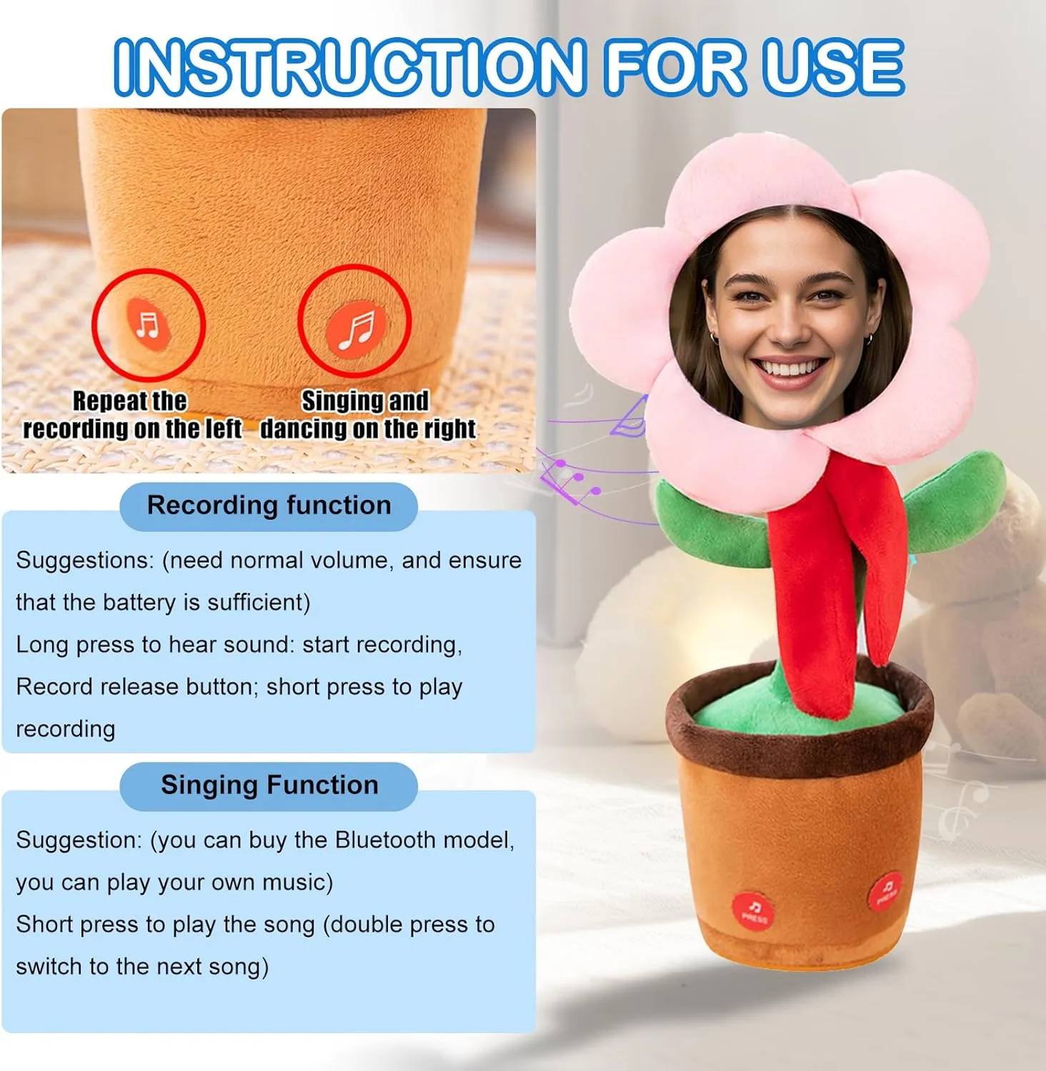 Dancing Flower with Custom Face,Custom Dancing Talking Sunflower Toy,Repeats What You Say,Personalized Funny Gifts (Blue(Bluetooth))
