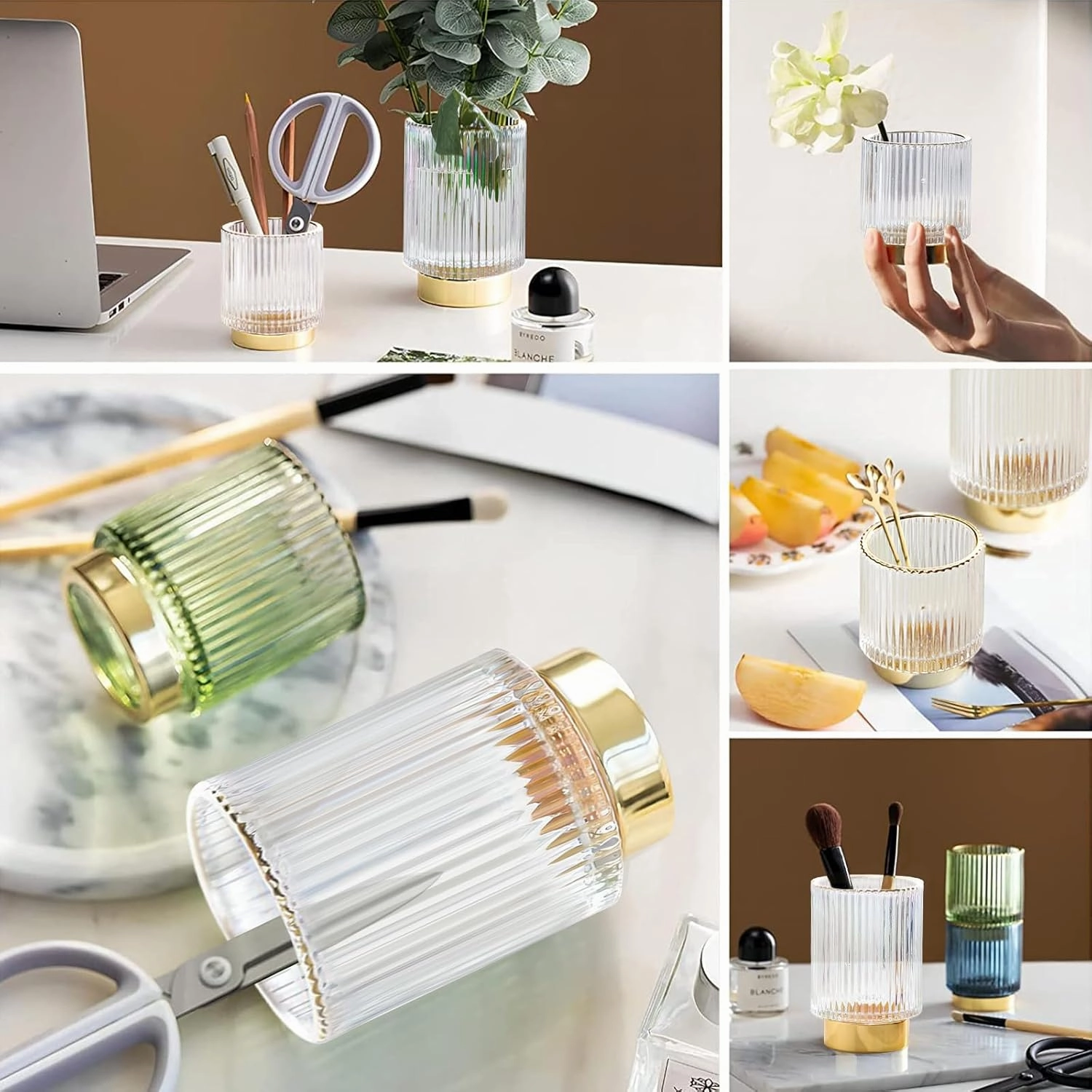 DASITON Makeup Brush holder Organizer,Crystal Cosmetic Makeup Brush Glass Brushes Storage Holder, Vintage Make Up Brush Cup Pen Pencil Holder striped vase(Clear S)