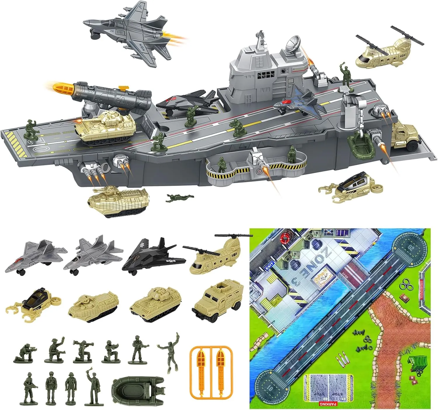 deAO Aircraft Carrier Battle Ship Army Toys - Military Vehicles, Warplanes, Warships, Helicopter, Trucks, Tanks - Army Men Toys for Kids Boys Girls