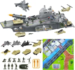 deAO Aircraft Carrier Battle Ship Army Toys - Military Vehicles, Warplanes, Warships, Helicopter, Trucks, Tanks - Army Men Toys for Kids Boys Girls