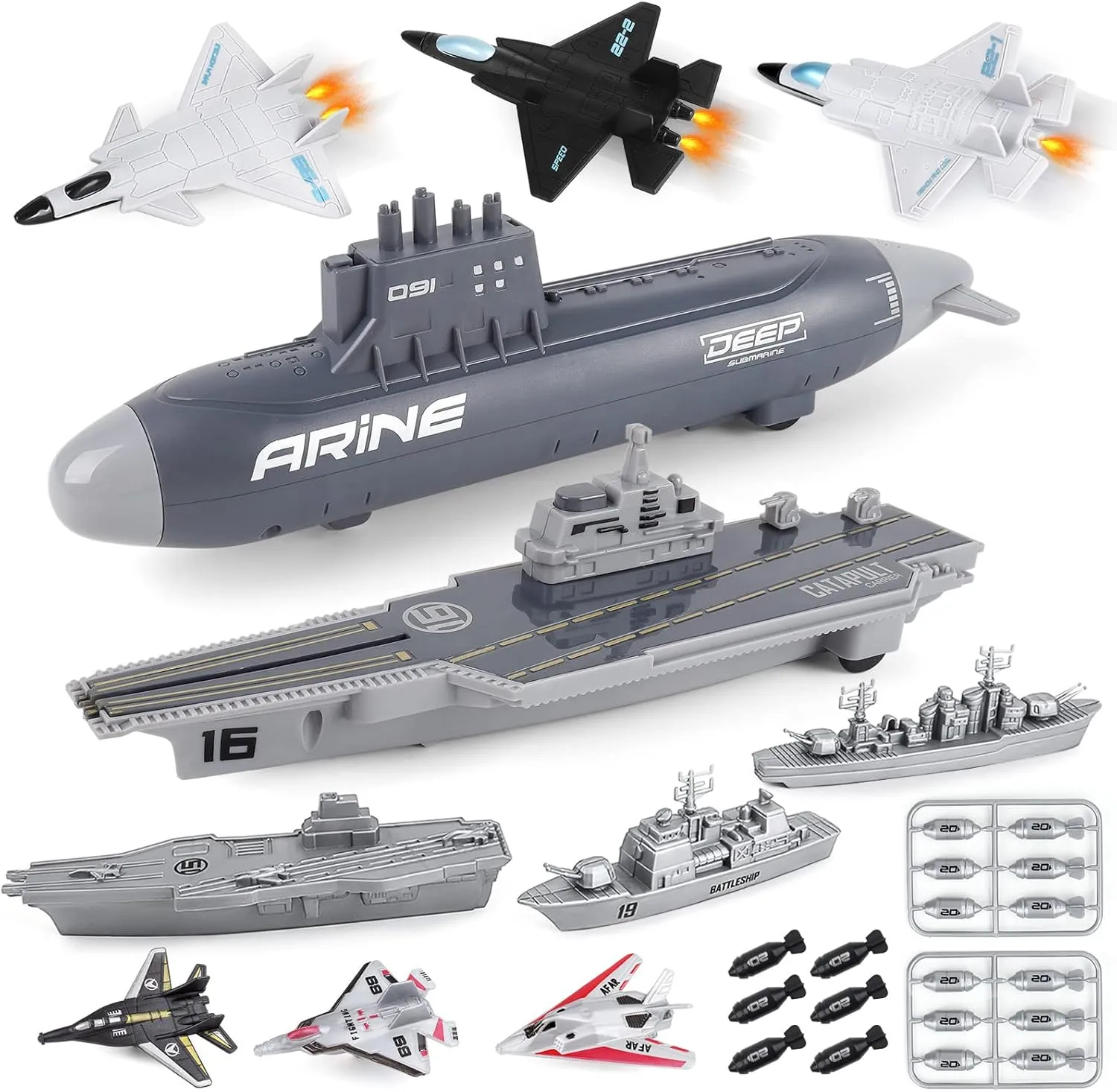 deAO Aircraft Carrier Toy Military Submarine Naval Ship Play Set with 6 PCS Planes Toys, Army Men Toy Battleship for Kids Boys Girls
