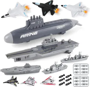 deAO Aircraft Carrier Toy Military Submarine Naval Ship Play Set with 6 PCS Planes Toys, Army Men Toy Battleship for Kids Boys Girls