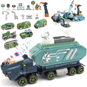 deAO Toy Trucks for Boys Toddlers Car Toys with Lights Sounds, Space Toys Cars Mini Truck Pretend Play Transport Vehicles Toy Set Astronauts Birthday Gifts for Kids Age 3 