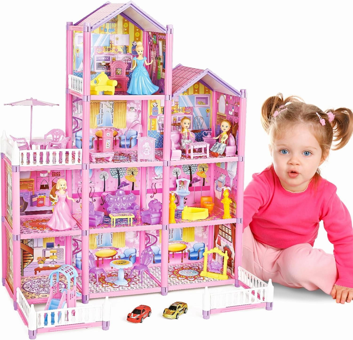 deAO Doll House for Girls, 4-Story Dollhouse with 10 Rooms, 2 Dolls, Furniture and Accessories, Toddler Playhouse Gift for 3 4 5 6 7 8  Year Old Girls