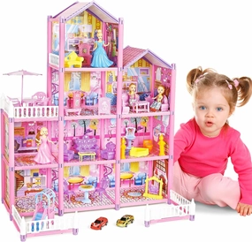 deAO Doll House for Girls, 4-Story Dollhouse with 10 Rooms, 2 Dolls, Furniture and Accessories, Toddler Playhouse Gift for 3 4 5 6 7 8  Year Old Girls