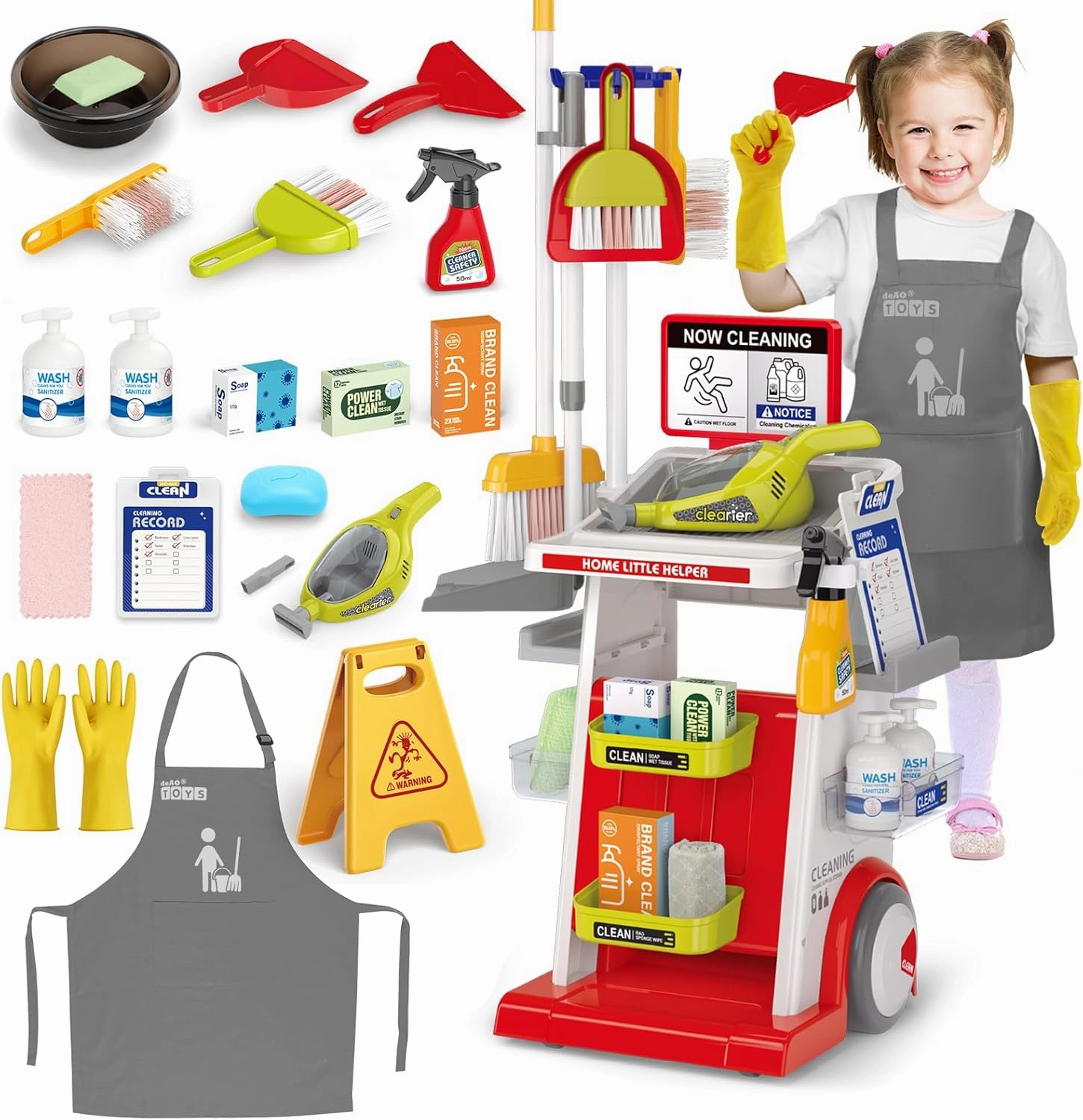 deAO Kids Cleaning Set for Toddler, Pretend Play Housekeeping Toy with Cleaning Carts Includes Real Working Vacuum Cleaner, Broom, Dust and More (Red)