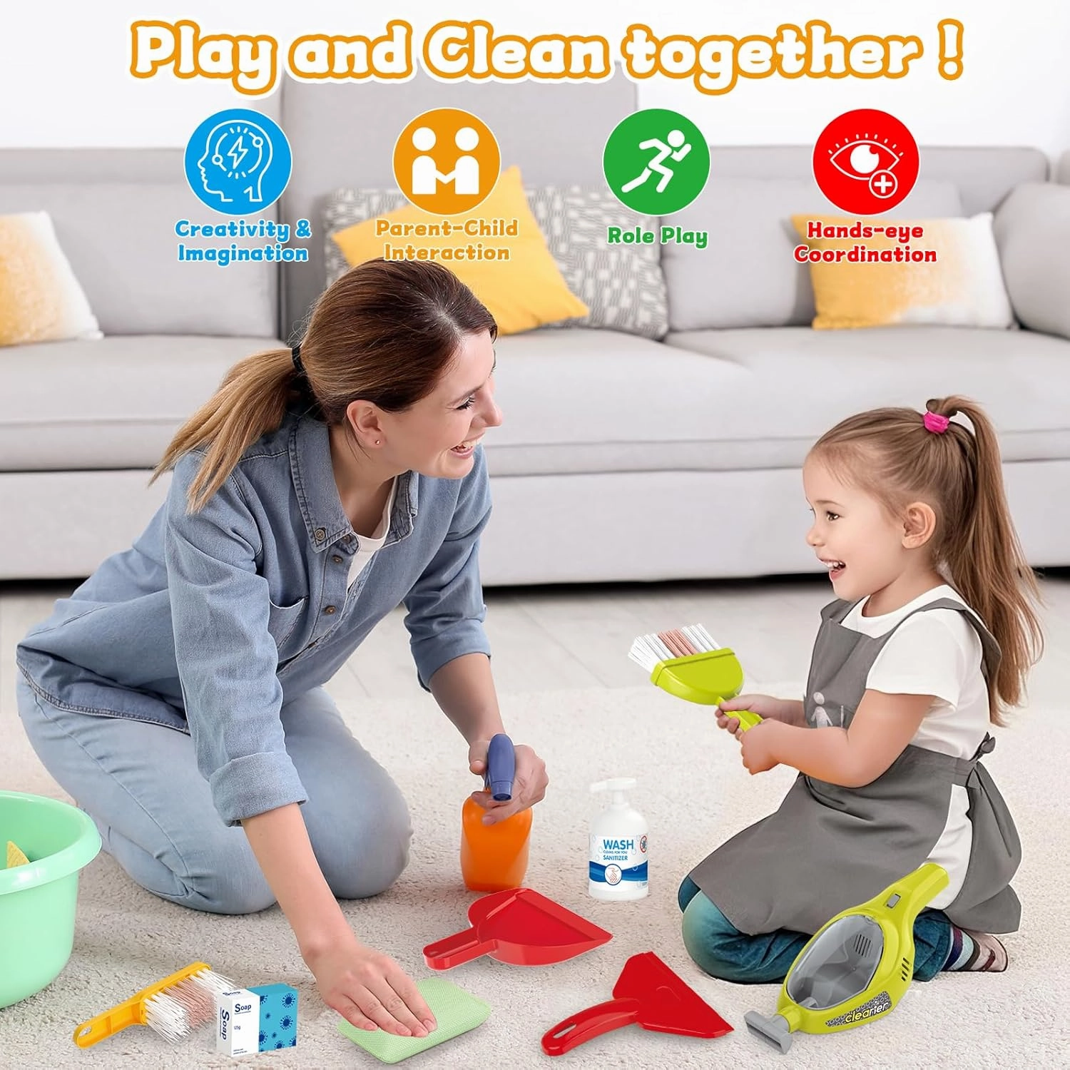 deAO Kids Cleaning Set for Toddler, Pretend Play Housekeeping Toy with Cleaning Carts Includes Real Working Vacuum Cleaner, Broom, Dust and More (Red)
