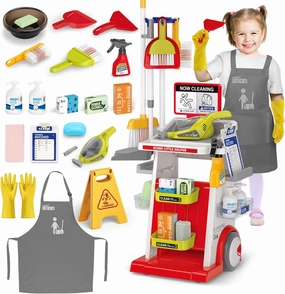 deAO Kids Cleaning Set for Toddler, Pretend Play Housekeeping Toy with Cleaning Carts Includes Real Working Vacuum Cleaner, Broom, Dust and More (Red)