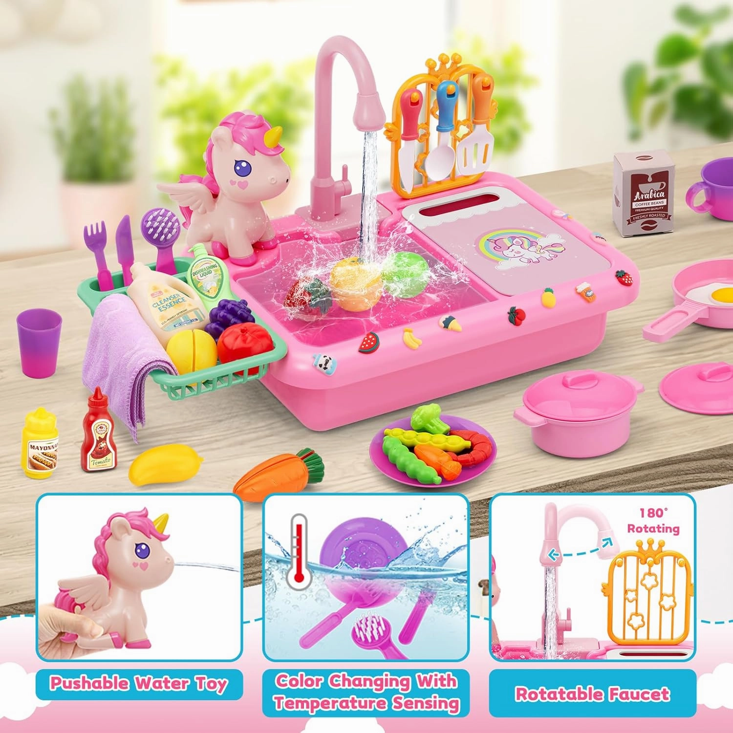 deAO Play Kitchen Sink Toys,Kids Electric Dishwasher Play Sink with Running Water, Play Kitchen Accessories,Real Faucet for Water Play, Pretend Play for Toddlers 3 ,Pink