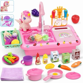 deAO Play Kitchen Sink Toys,Kids Electric Dishwasher Play Sink with Running Water, Play Kitchen Accessories,Real Faucet for Water Play, Pretend Play for Toddlers 3 ,Pink