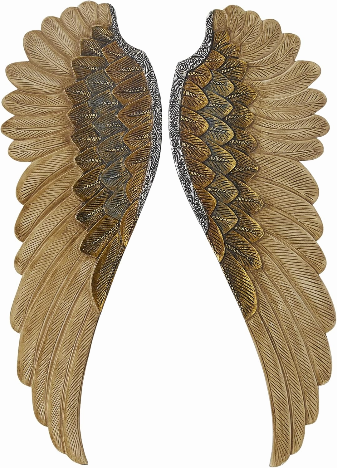 Deco 79 Wooden Bird Home Wall Decor Carved Angel Wings Wall Sculpture with Gold Accents, Set of 2 Wall Art 14" W, 39" H, Gold