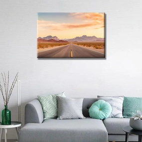 Desert Mountains Road Wall Art Evening Sunset Desert Scenery Wall Painting Canvas Wall Art Posters Route 66 Highway Road Home Decor Living Room Office Framed Ready to Hang 1 Piece 16X24 INCH