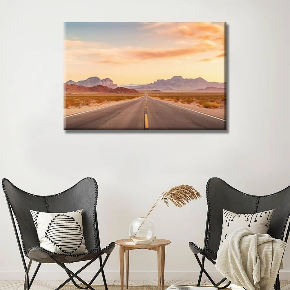 Desert Mountains Road Wall Art Evening Sunset Desert Scenery Wall Painting Canvas Wall Art Posters Route 66 Highway Road Home Decor Living Room Office Framed Ready to Hang 1 Piece 16X24 INCH
