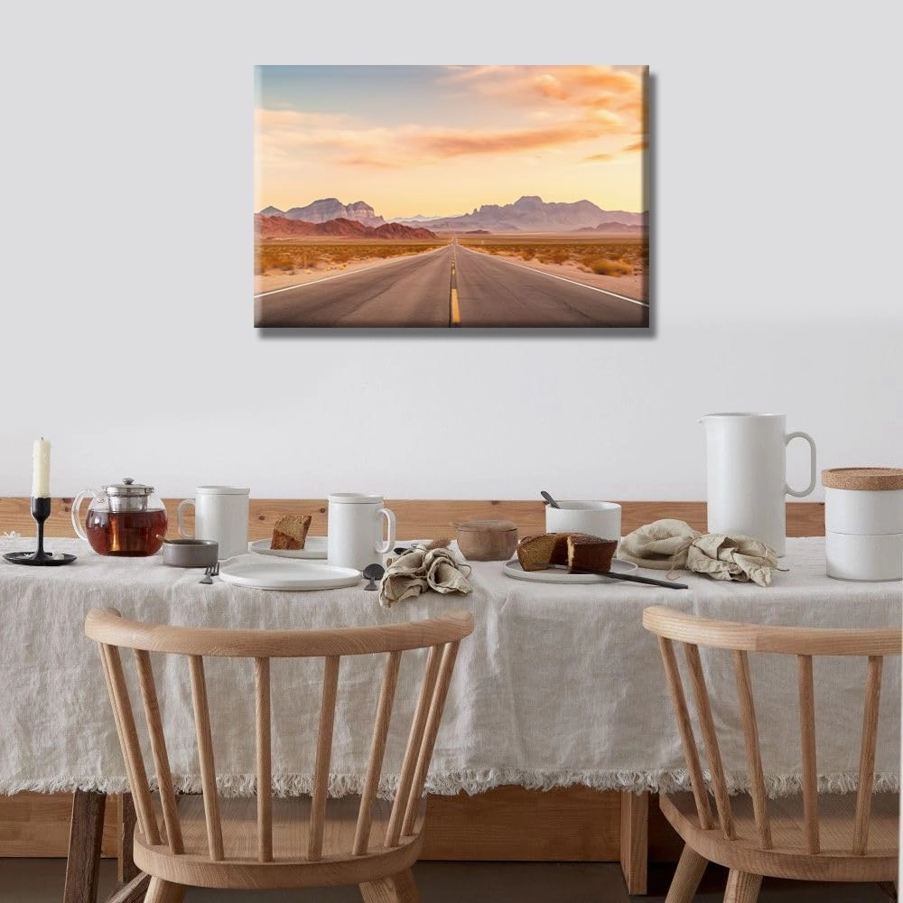 Desert Mountains Road Wall Art Evening Sunset Desert Scenery Wall Painting Canvas Wall Art Posters Route 66 Highway Road Home Decor Living Room Office Framed Ready to Hang 1 Piece 16X24 INCH