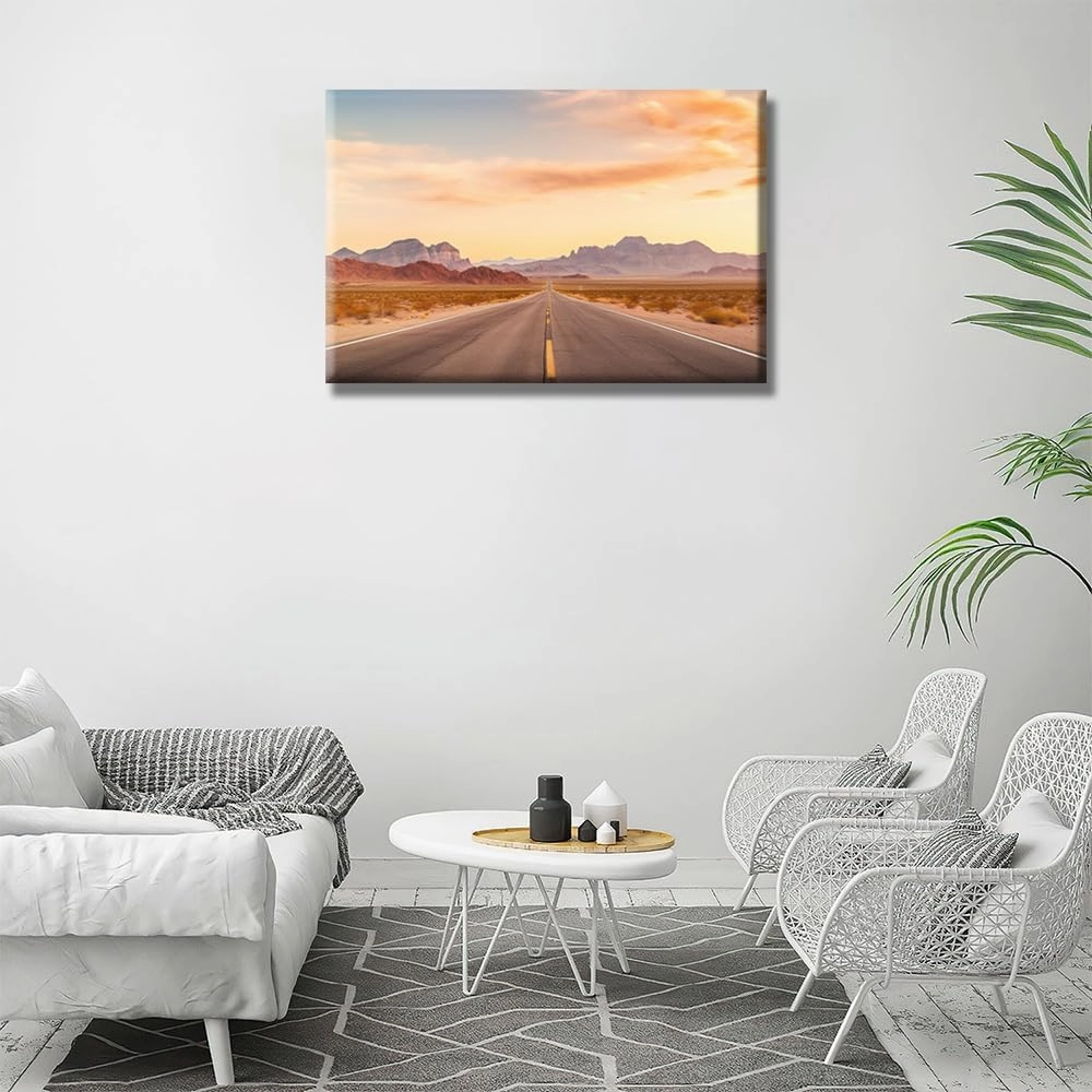 Desert Mountains Road Wall Art Evening Sunset Desert Scenery Wall Painting Canvas Wall Art Posters Route 66 Highway Road Home Decor Living Room Office Framed Ready to Hang 1 Piece 16X24 INCH