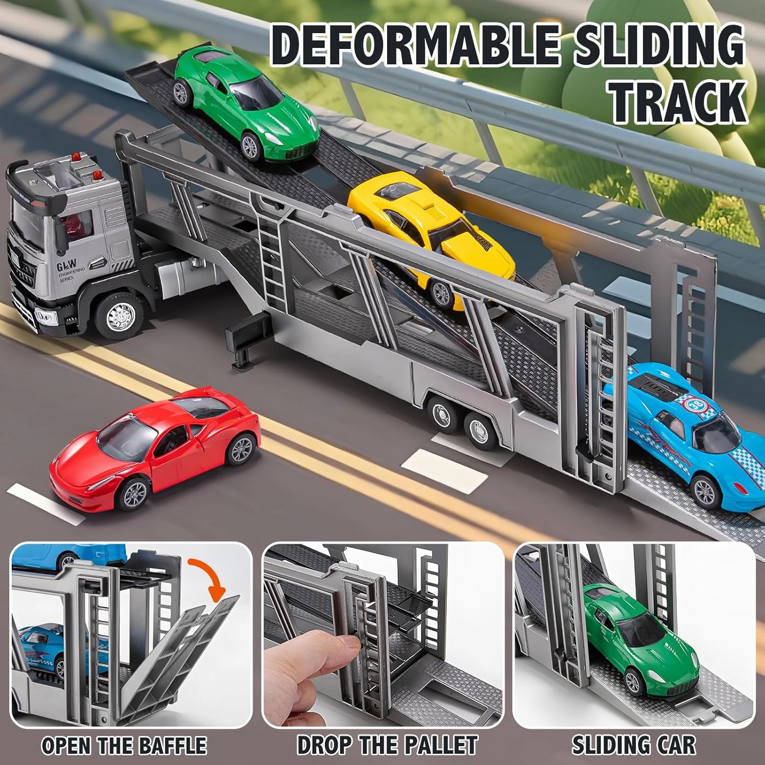 Die-cast Semi Truck Trailer Includes 5 Metal Rcaing Car, Alloy Engineering Transport Vehicles Toys w/Lights & Sounds, Toys for Boys Kids