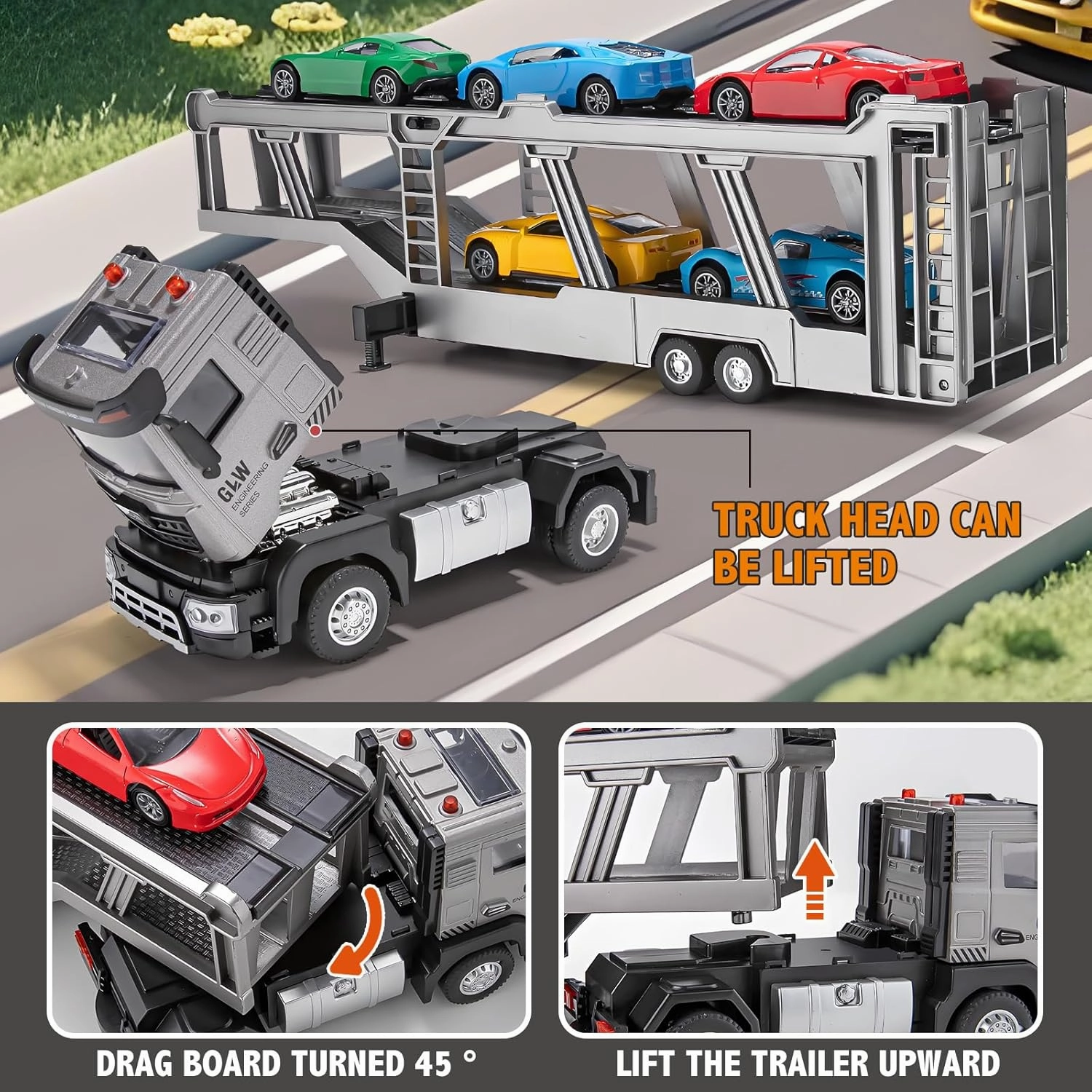 Die-cast Semi Truck Trailer Includes 5 Metal Rcaing Car, Alloy Engineering Transport Vehicles Toys w/Lights & Sounds, Toys for Boys Kids