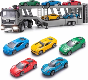 Die-cast Semi Truck Trailer Includes 5 Metal Rcaing Car, Alloy Engineering Transport Vehicles Toys w/Lights & Sounds, Toys for Boys Kids