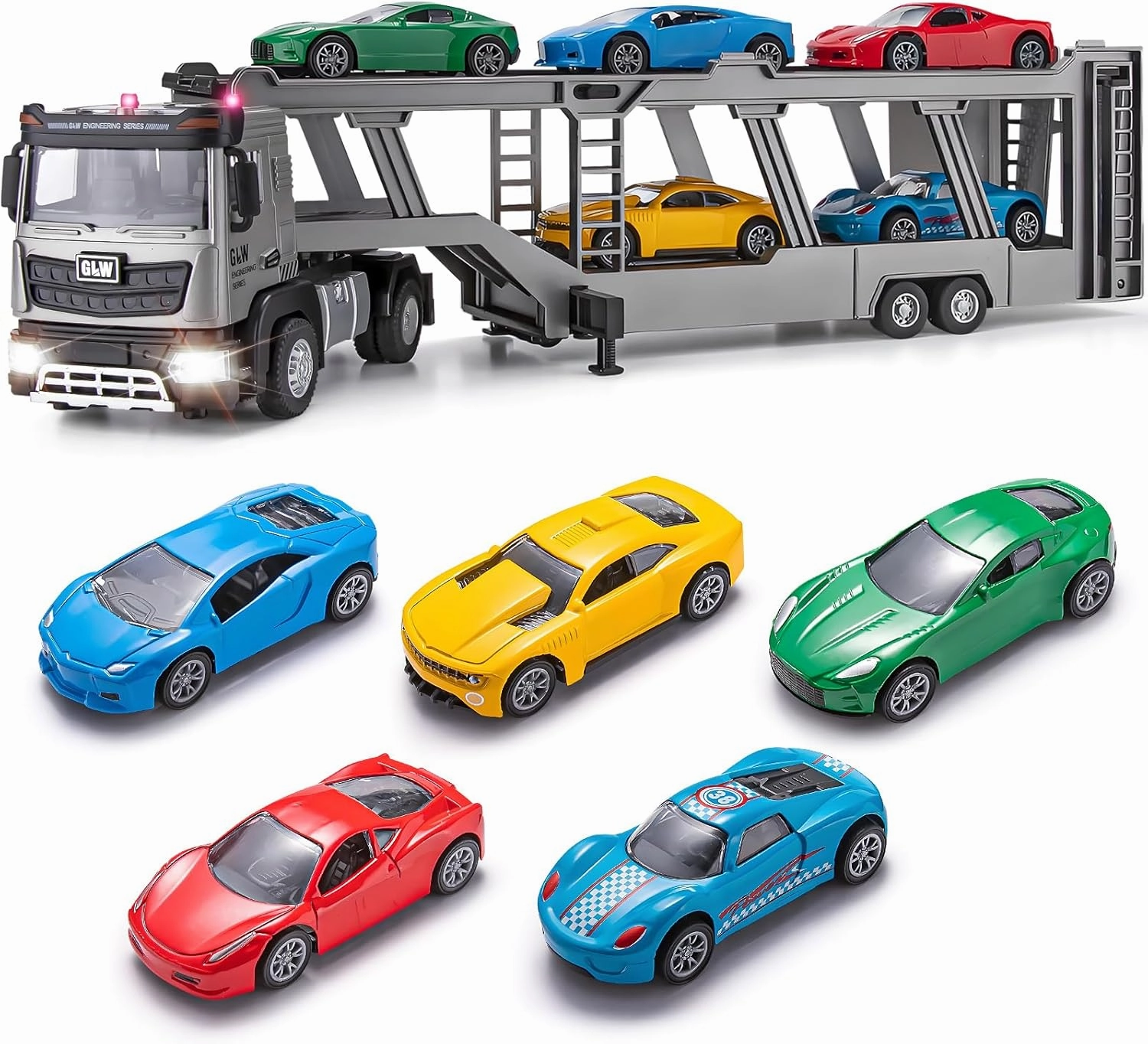 Die-cast Semi Truck Trailer Includes 5 Metal Rcaing Car, Alloy Engineering Transport Vehicles Toys w/Lights & Sounds, Toys for Boys Kids