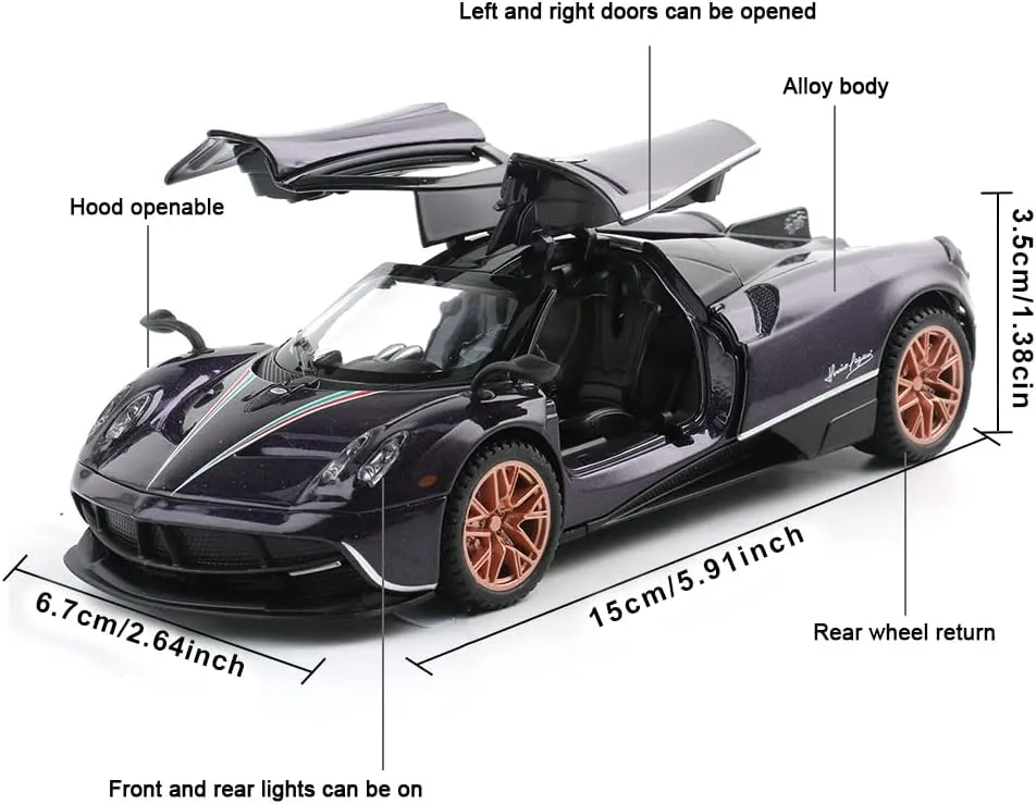 Diecast Toy Car Collectible Pagani Huayra Dinastia Sports Car Model,1:32 Scale Zinc Alloy Simulation Casting Pull Back Vehicles with Lights and Music for Toddlers Kids Children Gift(Purple)