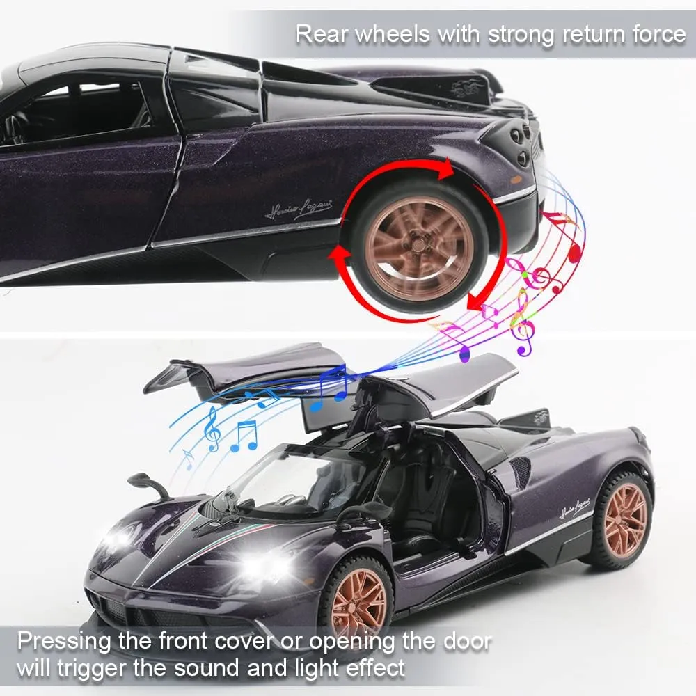 Diecast Toy Car Collectible Pagani Huayra Dinastia Sports Car Model,1:32 Scale Zinc Alloy Simulation Casting Pull Back Vehicles with Lights and Music for Toddlers Kids Children Gift(Purple)