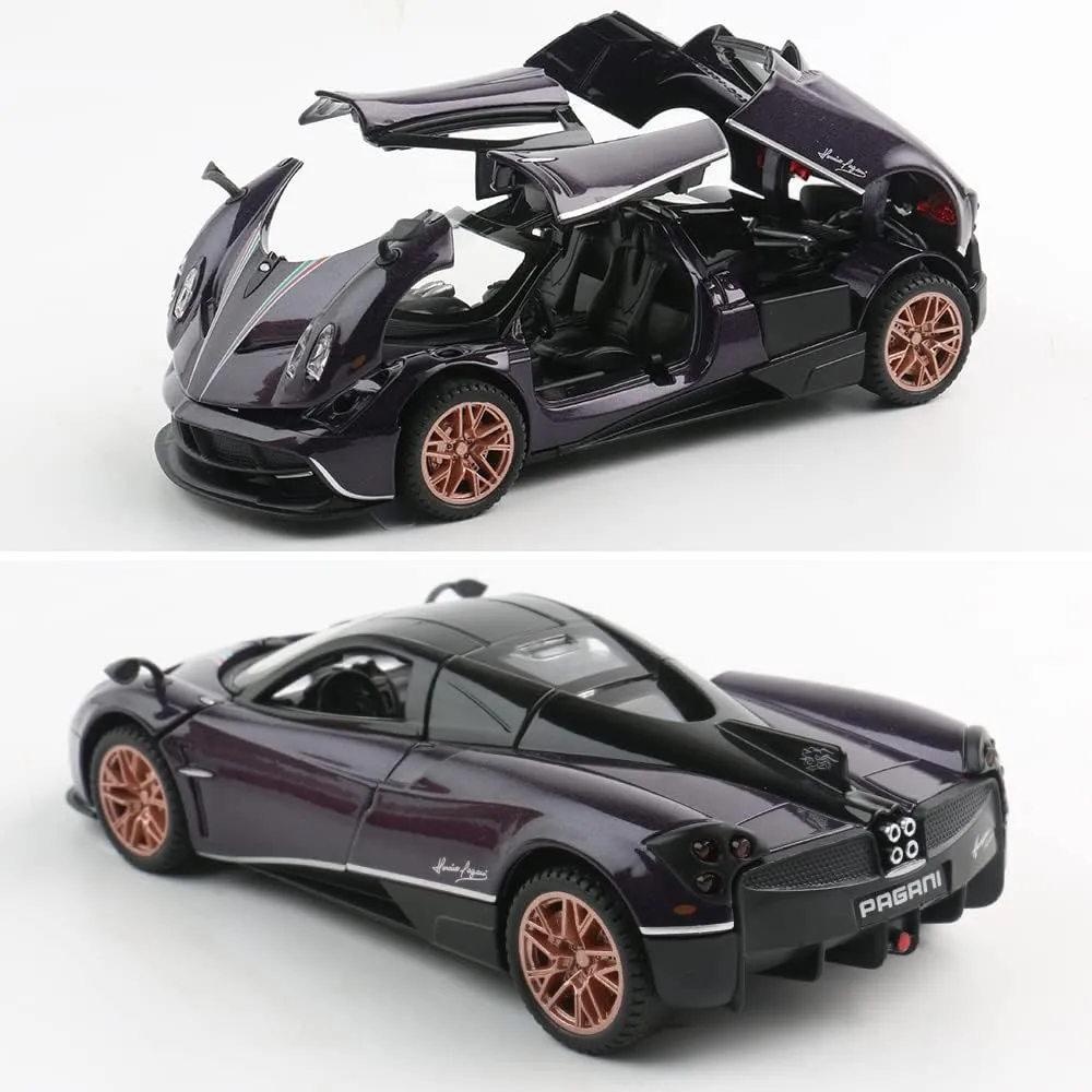 Diecast Toy Car Collectible Pagani Huayra Dinastia Sports Car Model,1:32 Scale Zinc Alloy Simulation Casting Pull Back Vehicles with Lights and Music for Toddlers Kids Children Gift(Purple)