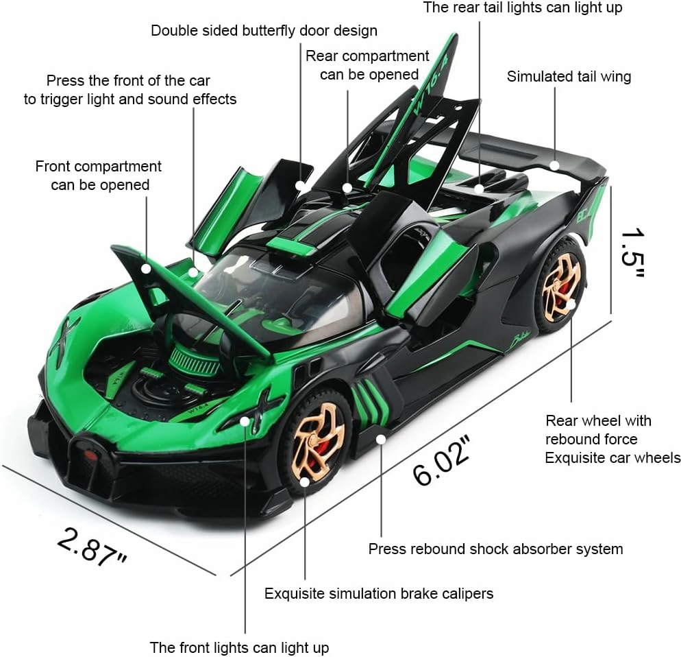 Diecast Toy Car Bugatti Bolide Sports Car Model,Zinc Alloy Simulation Casting Pull Back Vehicles,1:32 Scale Mini Electronic Supercar Toys with Lights and Music for Toddlers Kids Children Gift