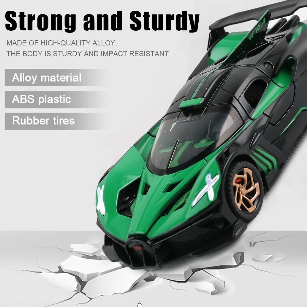 Diecast Toy Car Bugatti Bolide Sports Car Model,Zinc Alloy Simulation Casting Pull Back Vehicles,1:32 Scale Mini Electronic Supercar Toys with Lights and Music for Toddlers Kids Children Gift